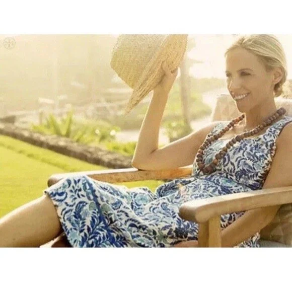 Tory Burch Ramona Fit & Flare Dress Floral Blue Silk Blend celeb Runway 12 $450 - Picture 6 of 16